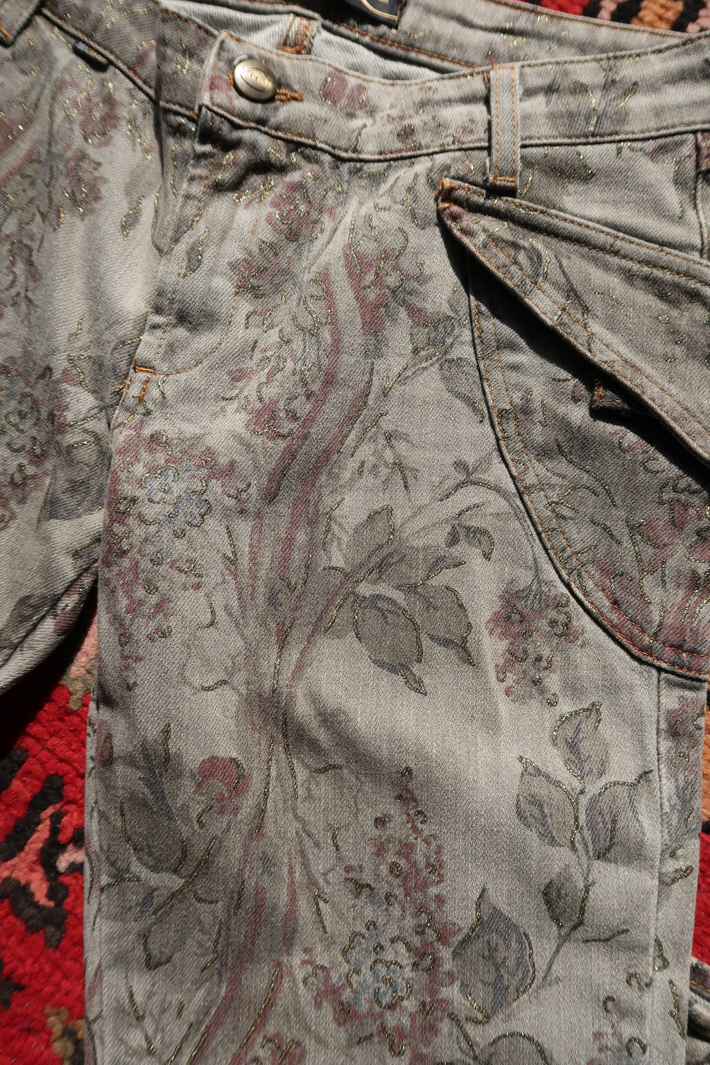 Vintage Just Cavalli Low-Rise Jeans – Metallic Floral Brocade Print Denim