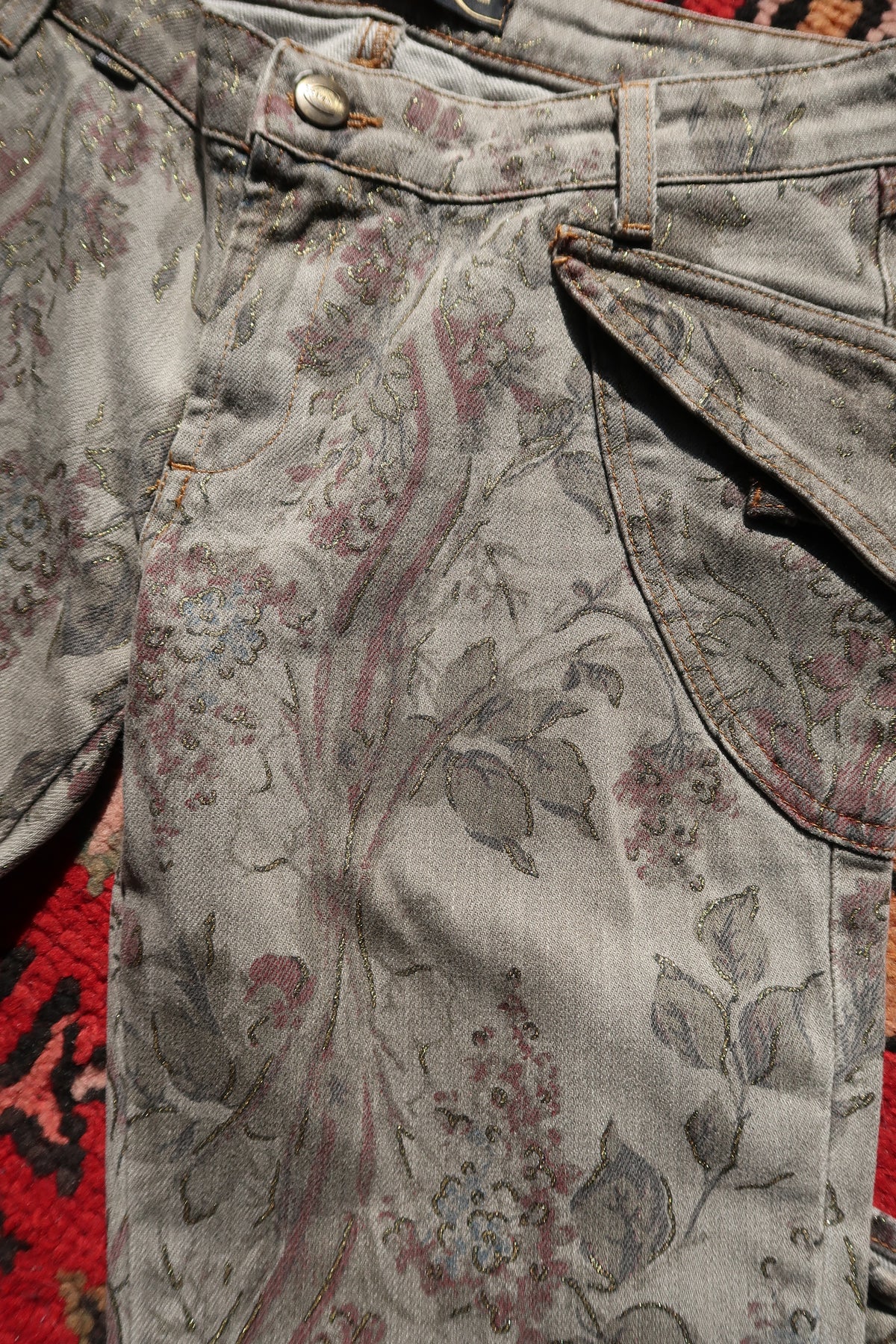 Vintage Just Cavalli Low-Rise Jeans – Metallic Floral Brocade Print Denim