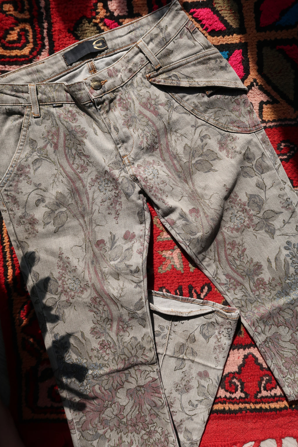 Vintage Just Cavalli Low-Rise Jeans – Metallic Floral Brocade Print Denim