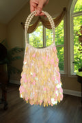 Vintage pastel paillette sequin pearl beaded handle shoulder bag by Elektra Vintage, showcasing colorful embellishments and elegant design.