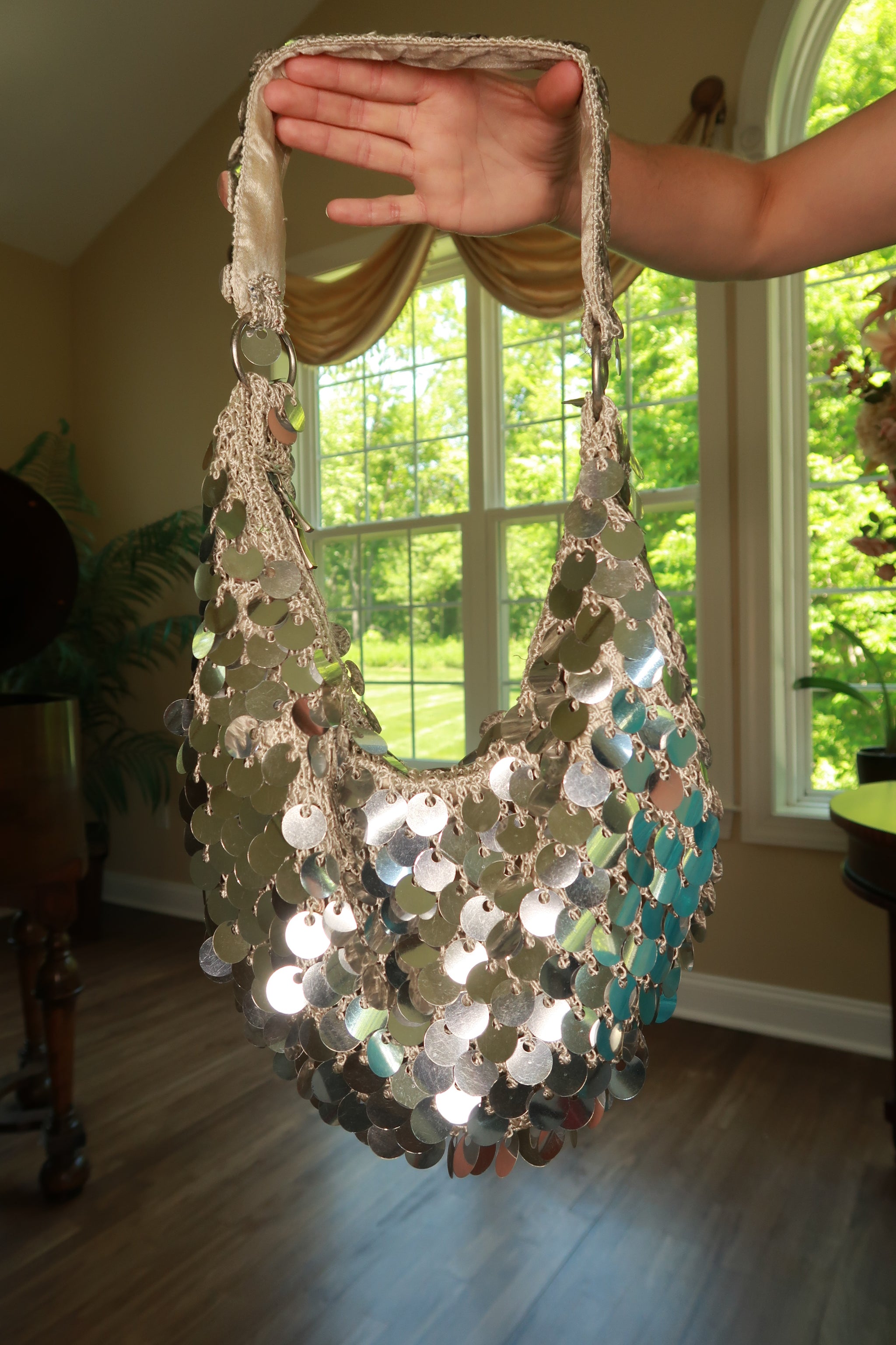 2000s Vintage Silver Paillette Sequin Crochet Shoulder Bag 