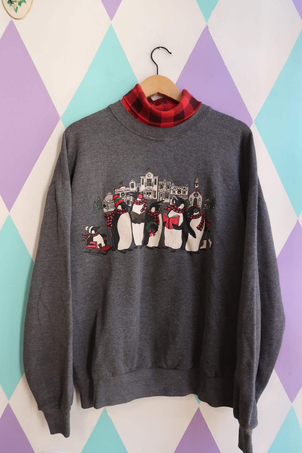 Vintage 90s Penguin Christmas Carol Sweatshirt with Plaid Mock Neck