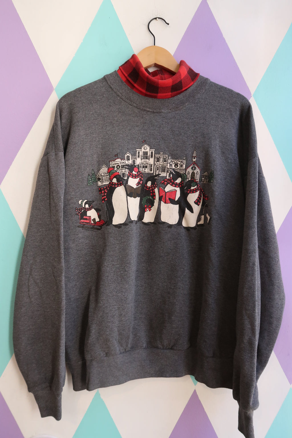 Vintage 90s Penguin Christmas Carol Sweatshirt with Plaid Mock Neck - Elektra Vintage