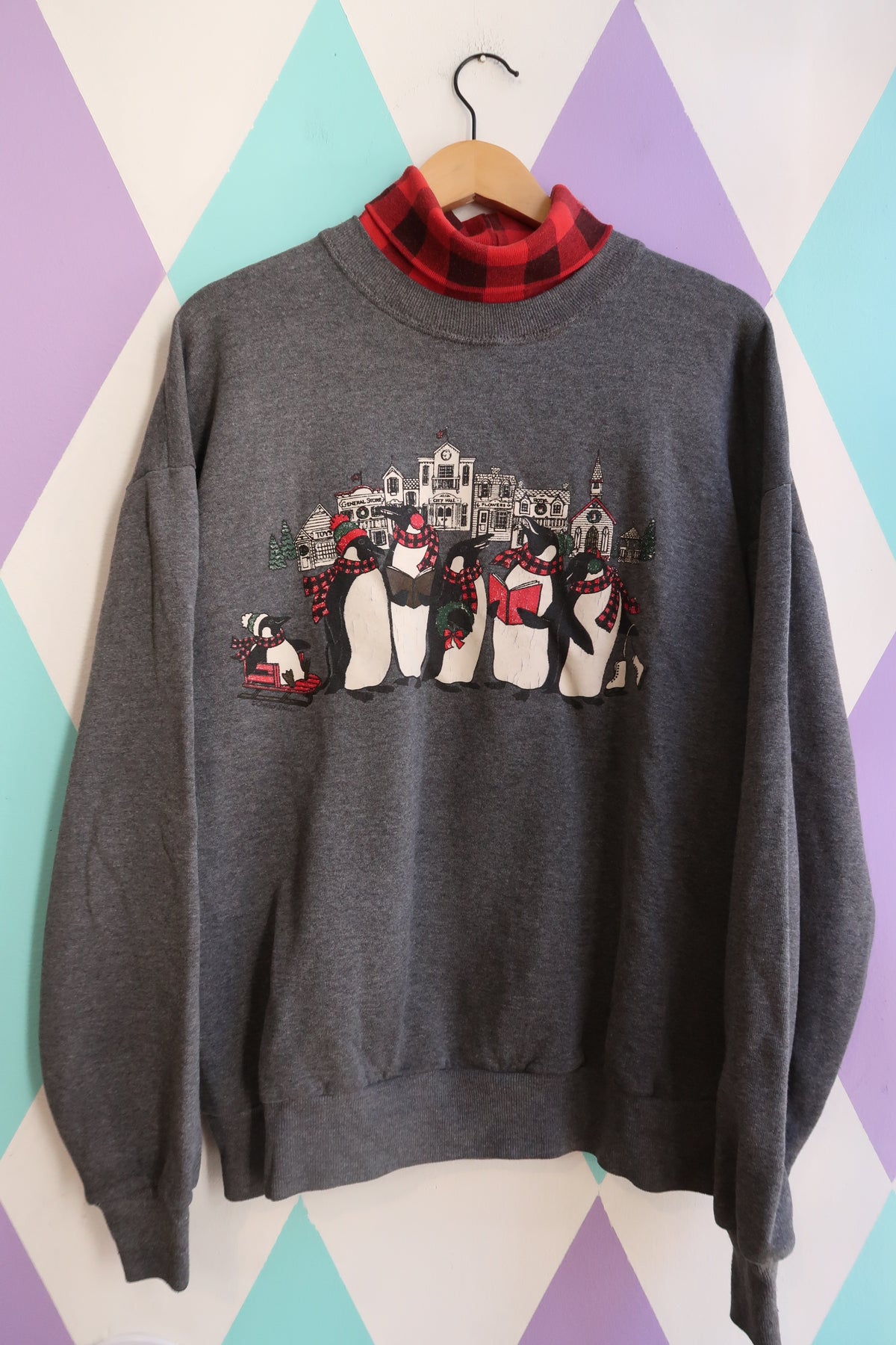 Vintage 90s Penguin Christmas Carol Sweatshirt with Plaid Mock Neck - Elektra Vintage