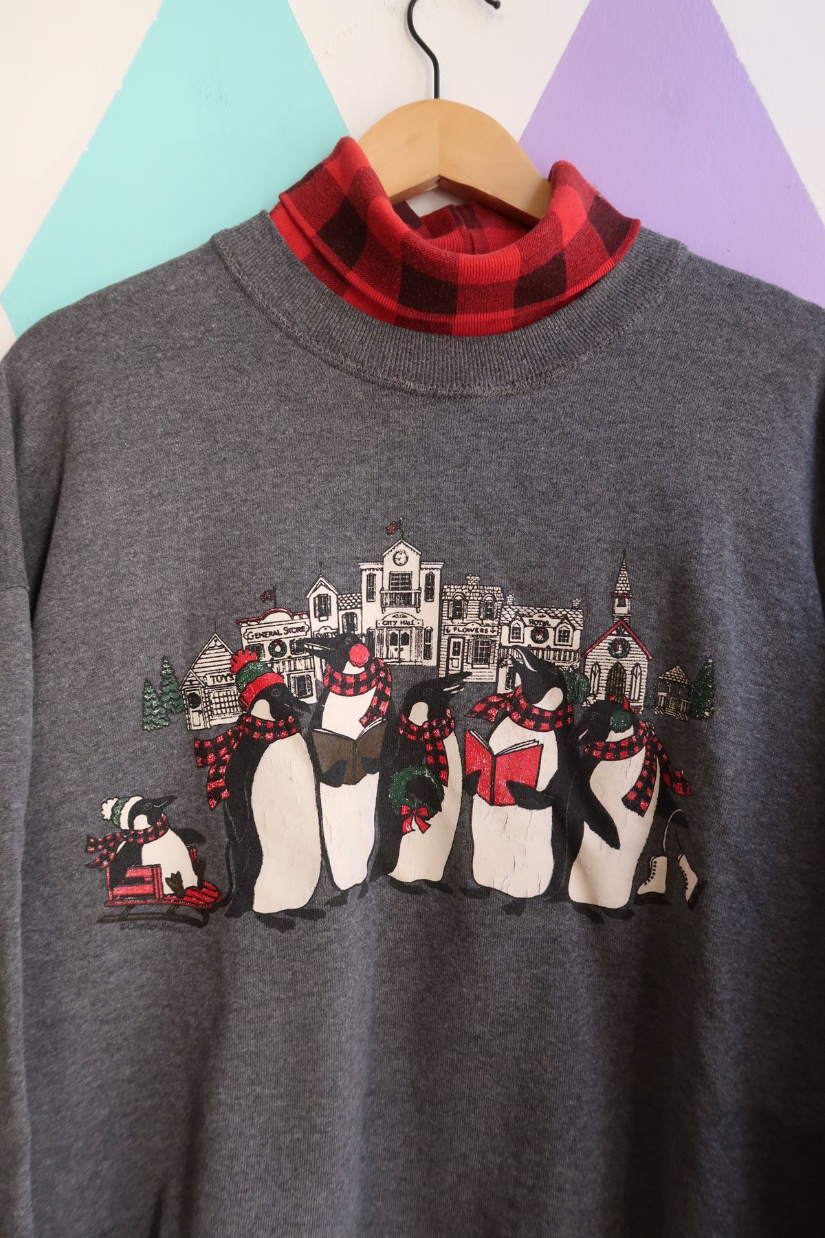 Vintage 90s Penguin Christmas Carol Sweatshirt with Plaid Mock Neck - Elektra Vintage