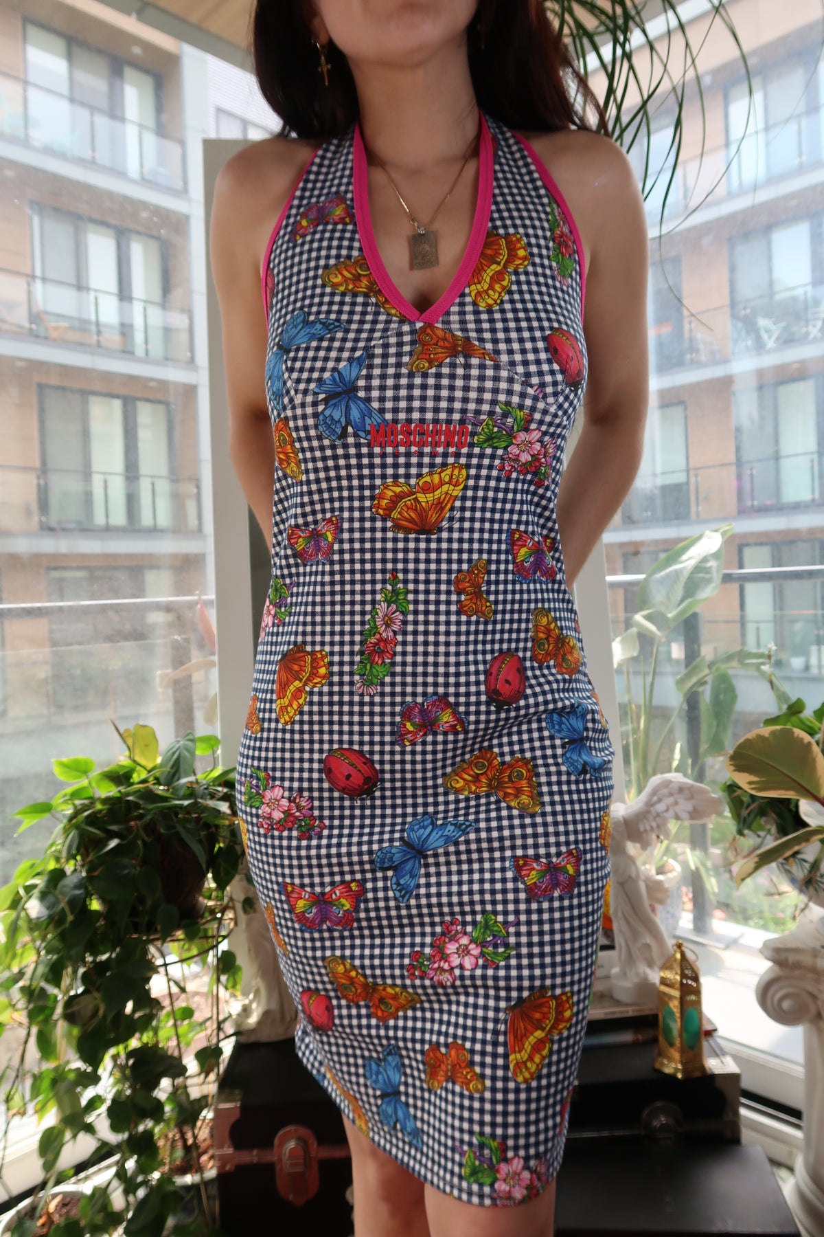 Vintage Moschino Jeans Butterfly Print Gingham Midi Dress – Y2K Halter Style
