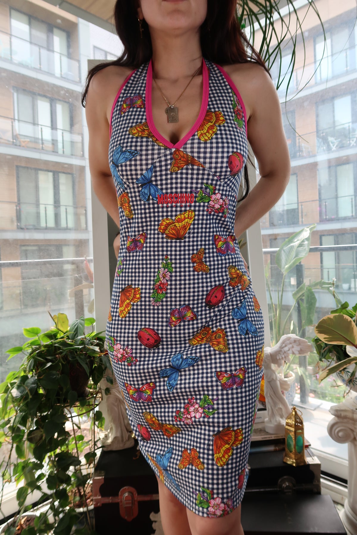 Vintage Moschino Jeans Butterfly Print Gingham Midi Dress – Y2K Halter Style