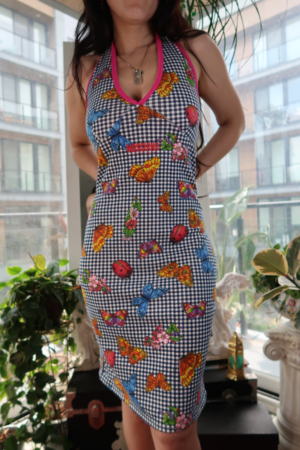Vintage Moschino Jeans Butterfly Print Gingham Midi Dress – Y2K Halter Style