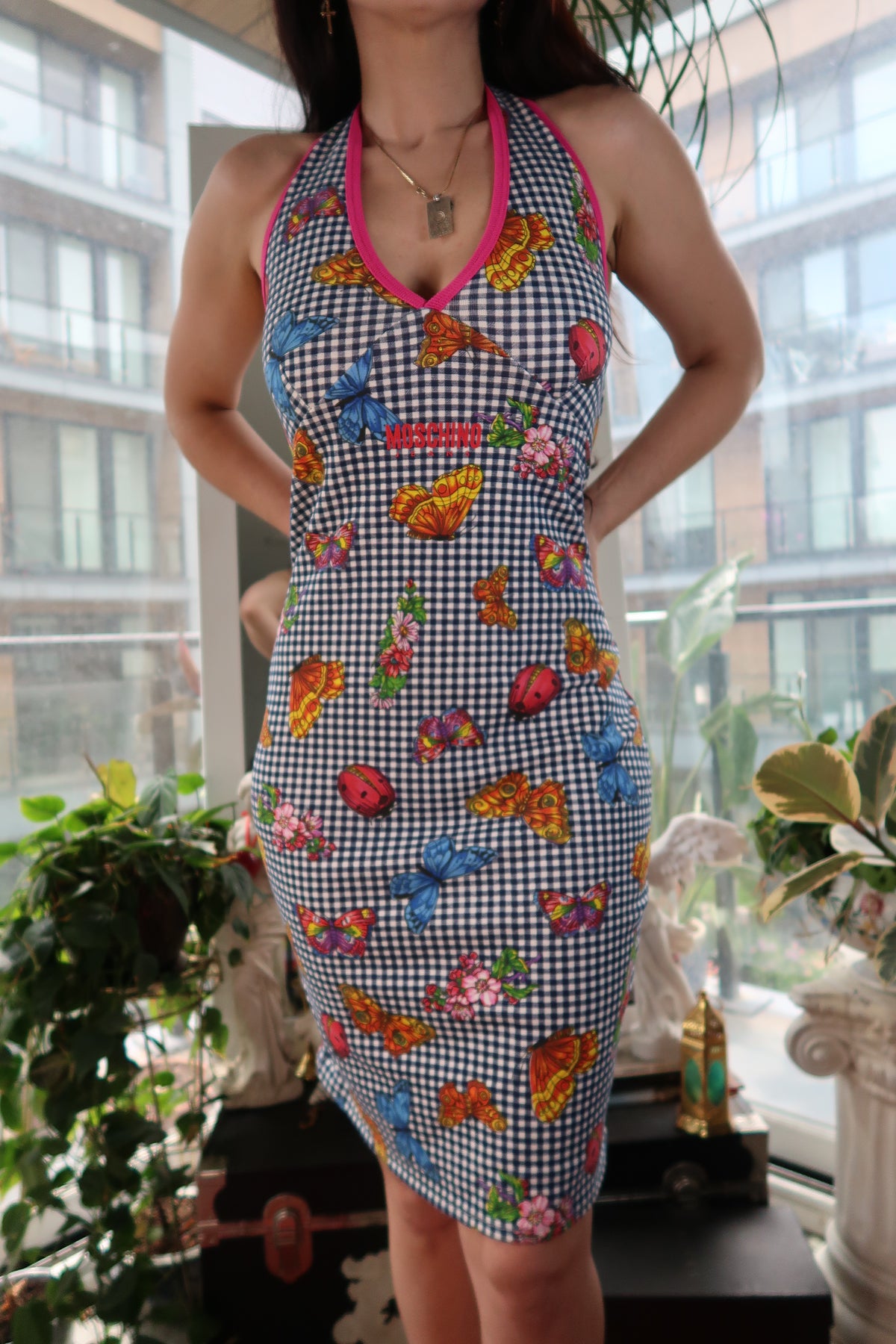 Vintage Moschino Jeans Butterfly Print Gingham Midi Dress – Y2K Halter Style