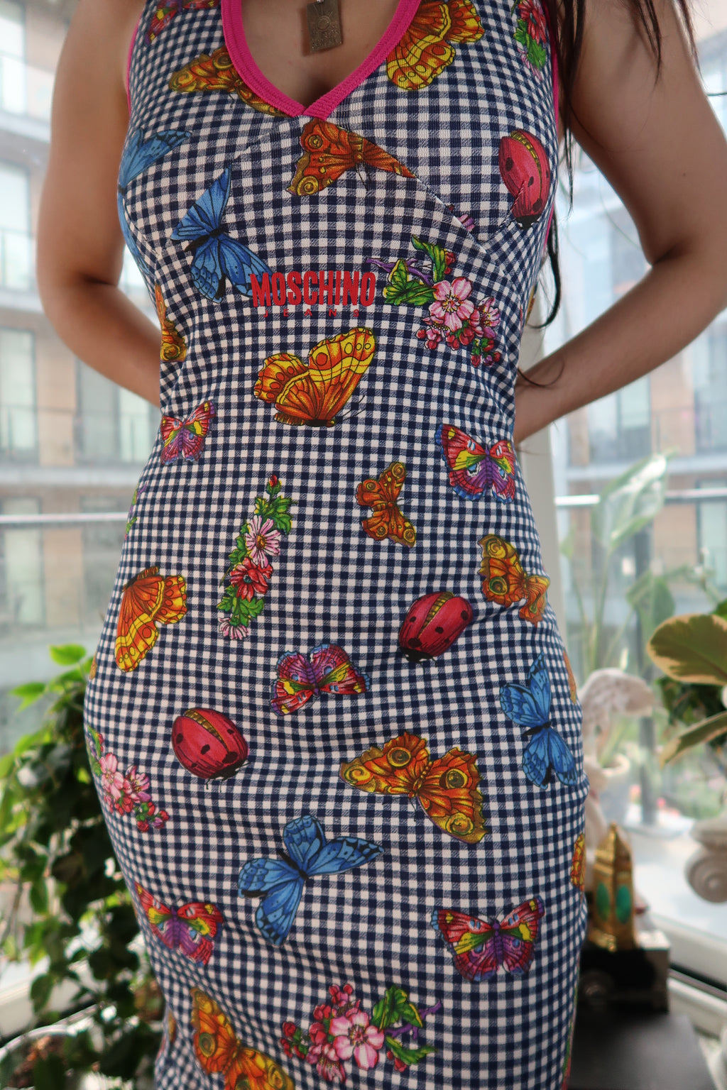 Vintage Moschino Jeans Butterfly Print Gingham Midi Dress – Y2K Halter Style