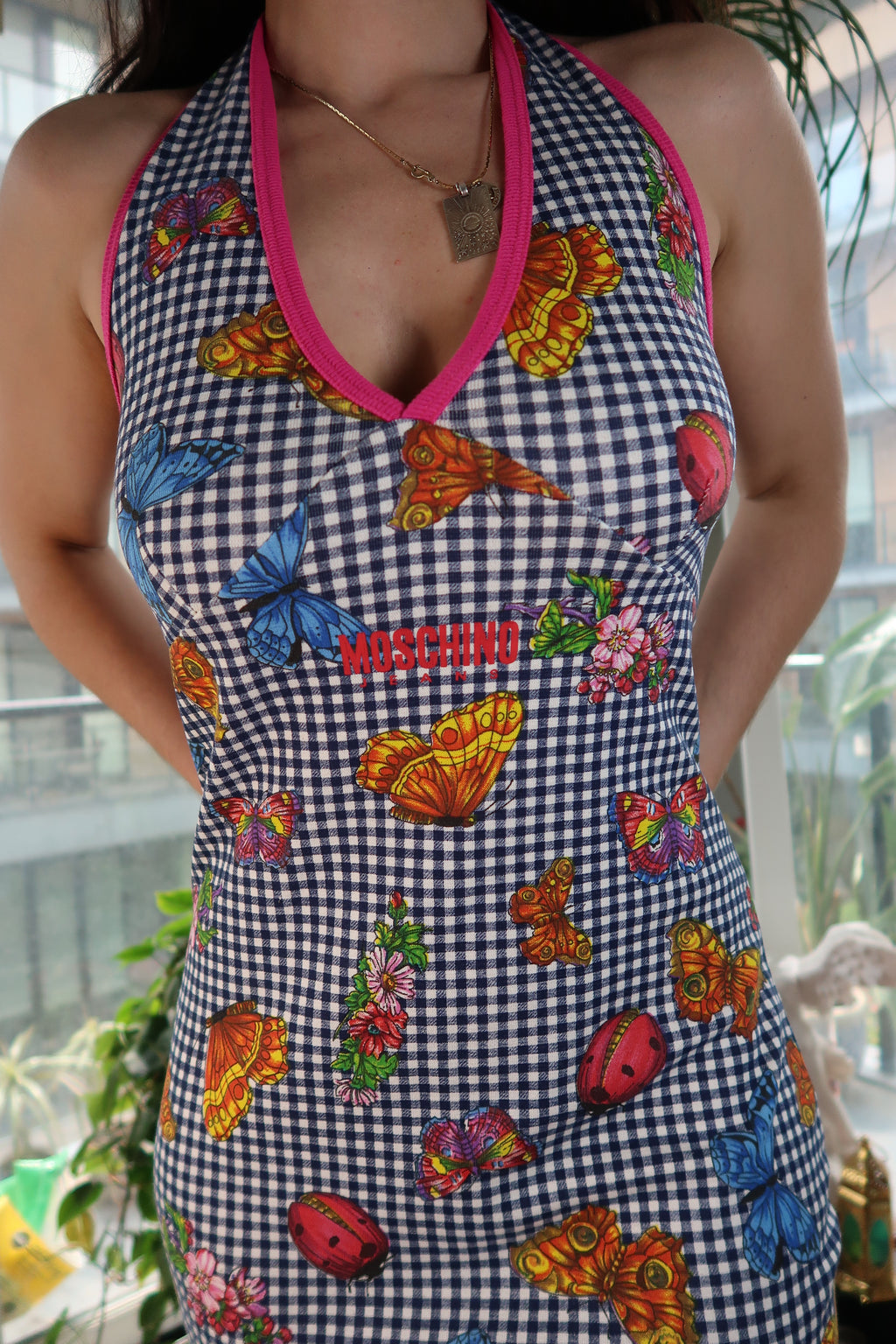 Vintage Moschino Jeans Butterfly Print Gingham Midi Dress – Y2K Halter Style
