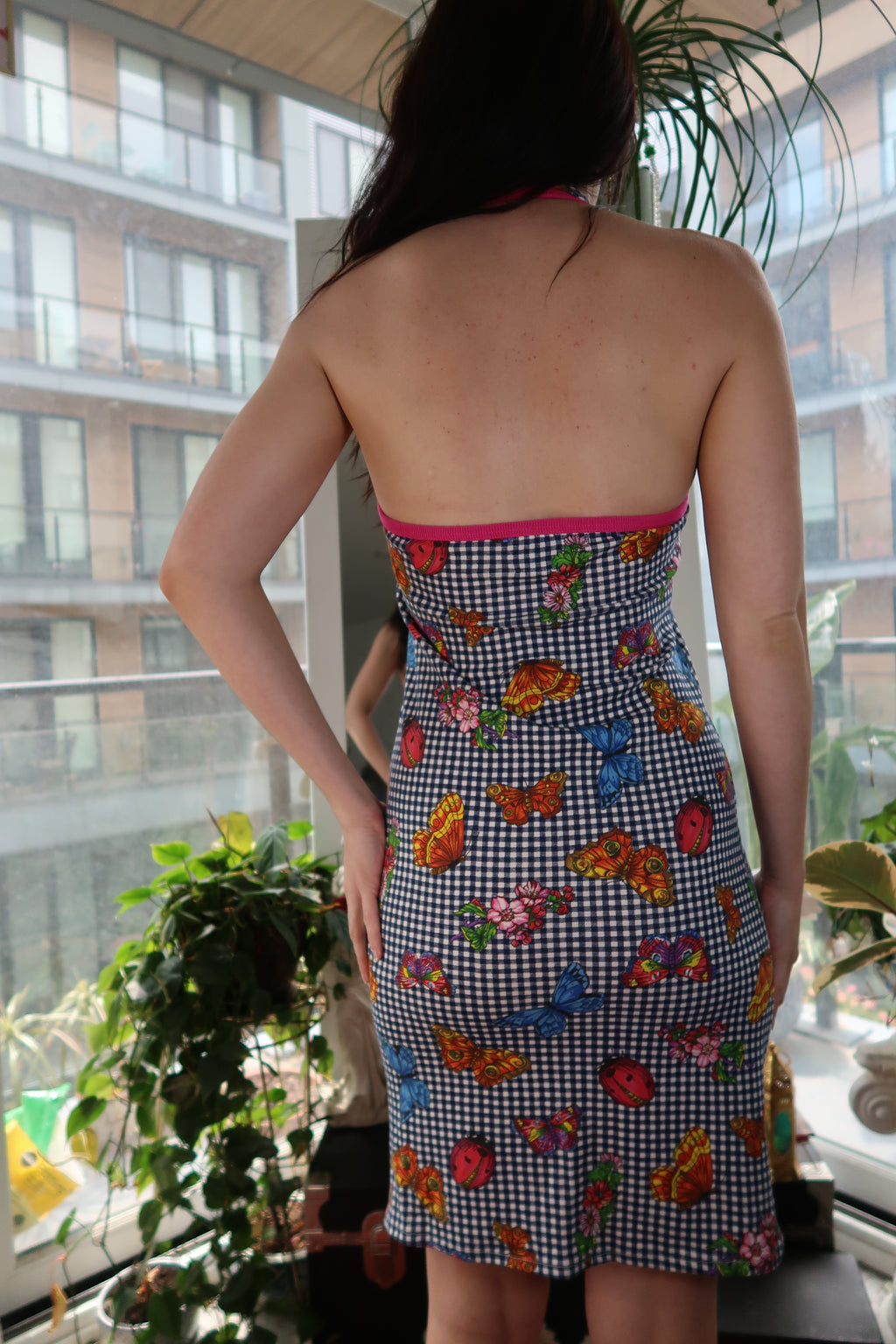 Vintage Moschino Jeans Butterfly Print Gingham Midi Dress – Y2K Halter Style