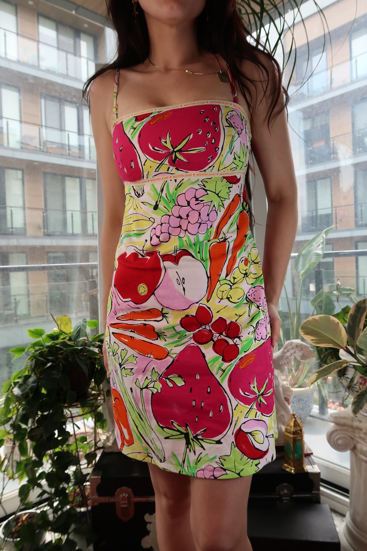 Vintage Moschino Jeans Fruit & Veggie Print Mini Dress – Y2K Pop Art Style