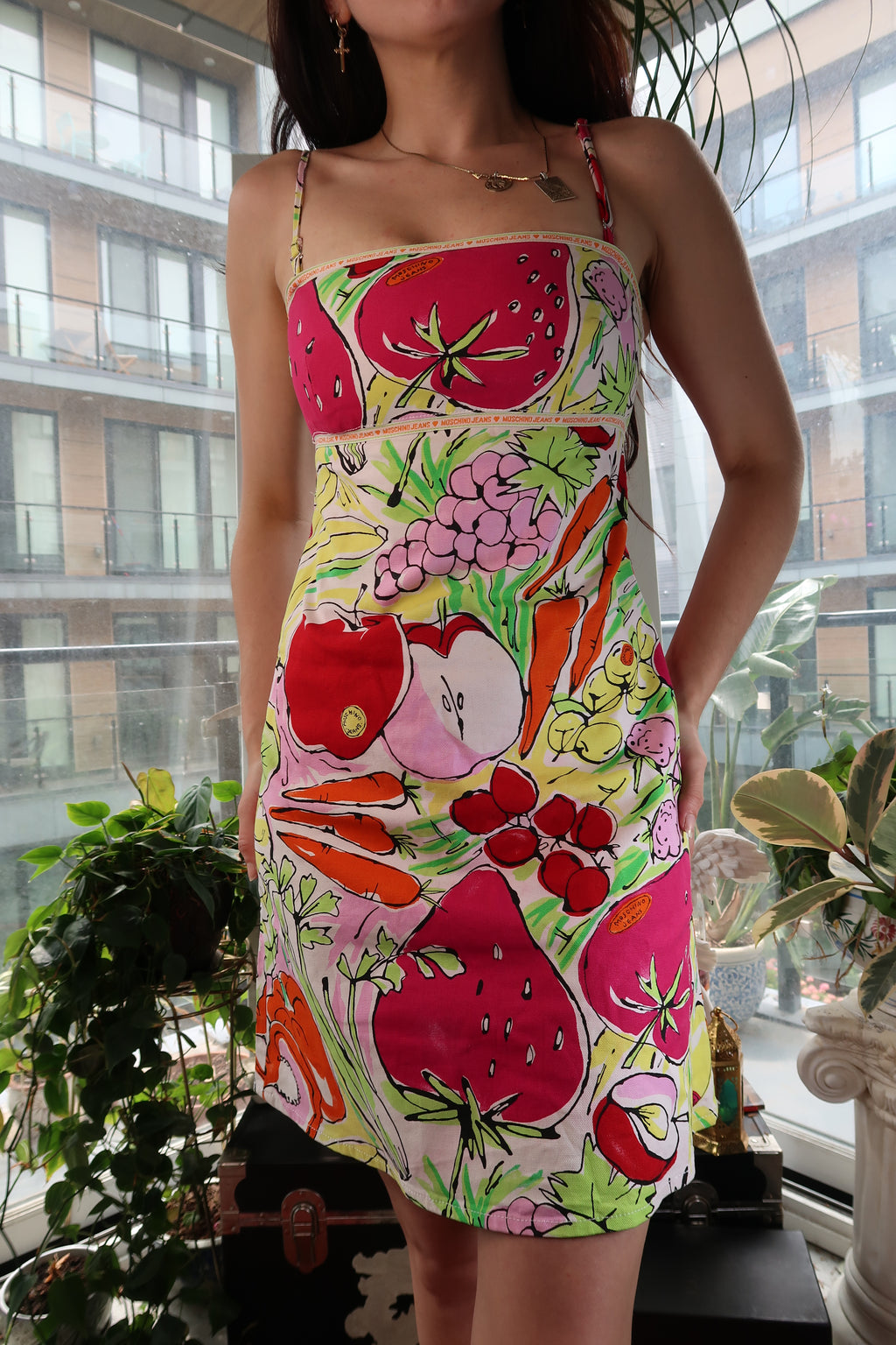 Vintage Moschino Jeans Fruit & Veggie Print Mini Dress – Y2K Pop Art Style