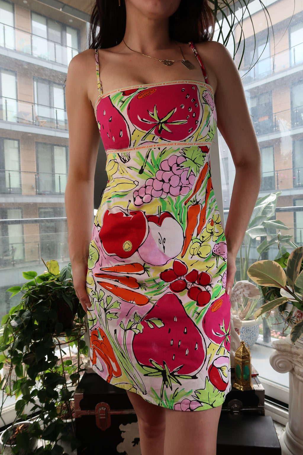 Vintage Moschino Jeans Fruit & Veggie Print Mini Dress – Y2K Pop Art Style