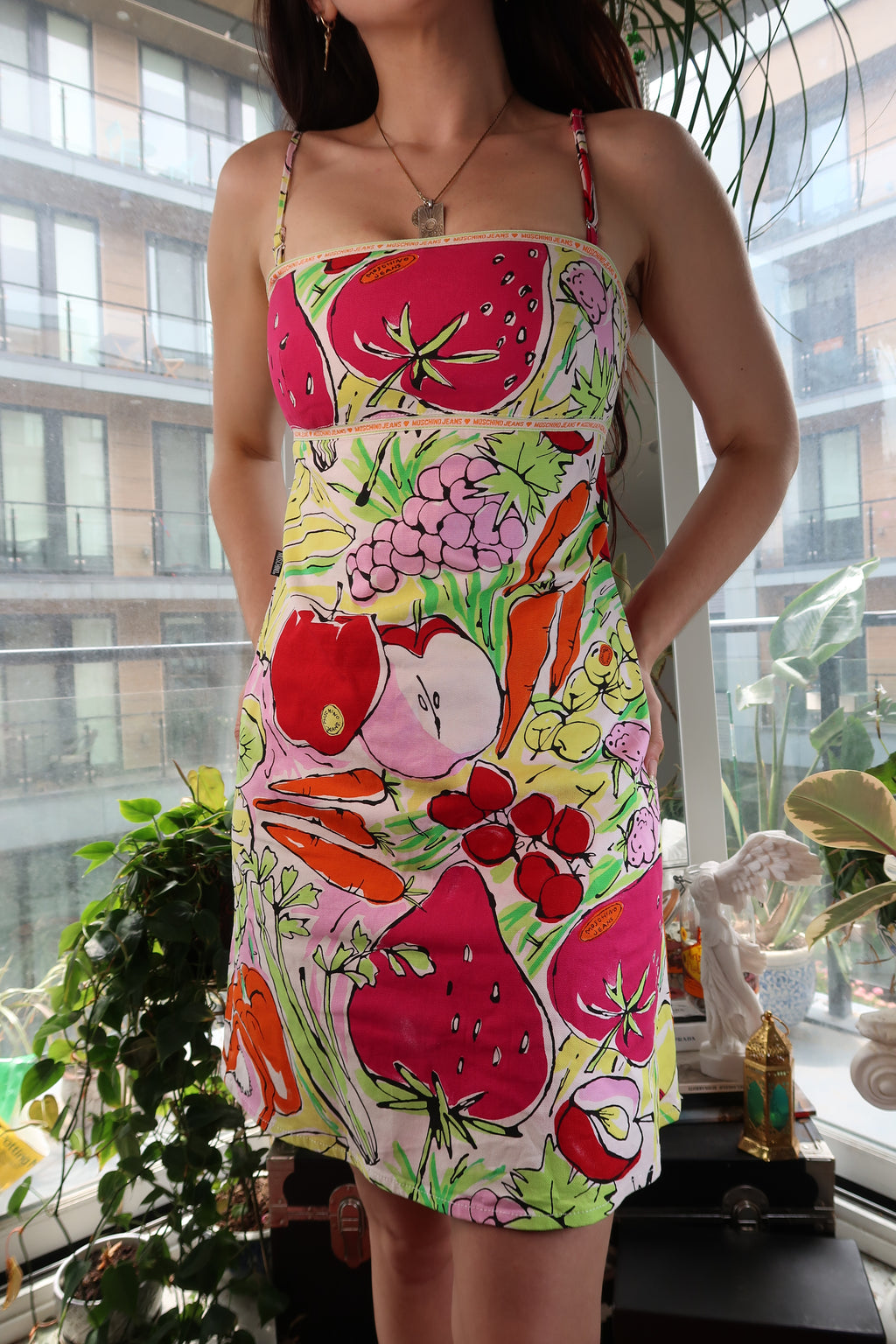 Vintage Moschino Jeans Fruit & Veggie Print Mini Dress – Y2K Pop Art Style