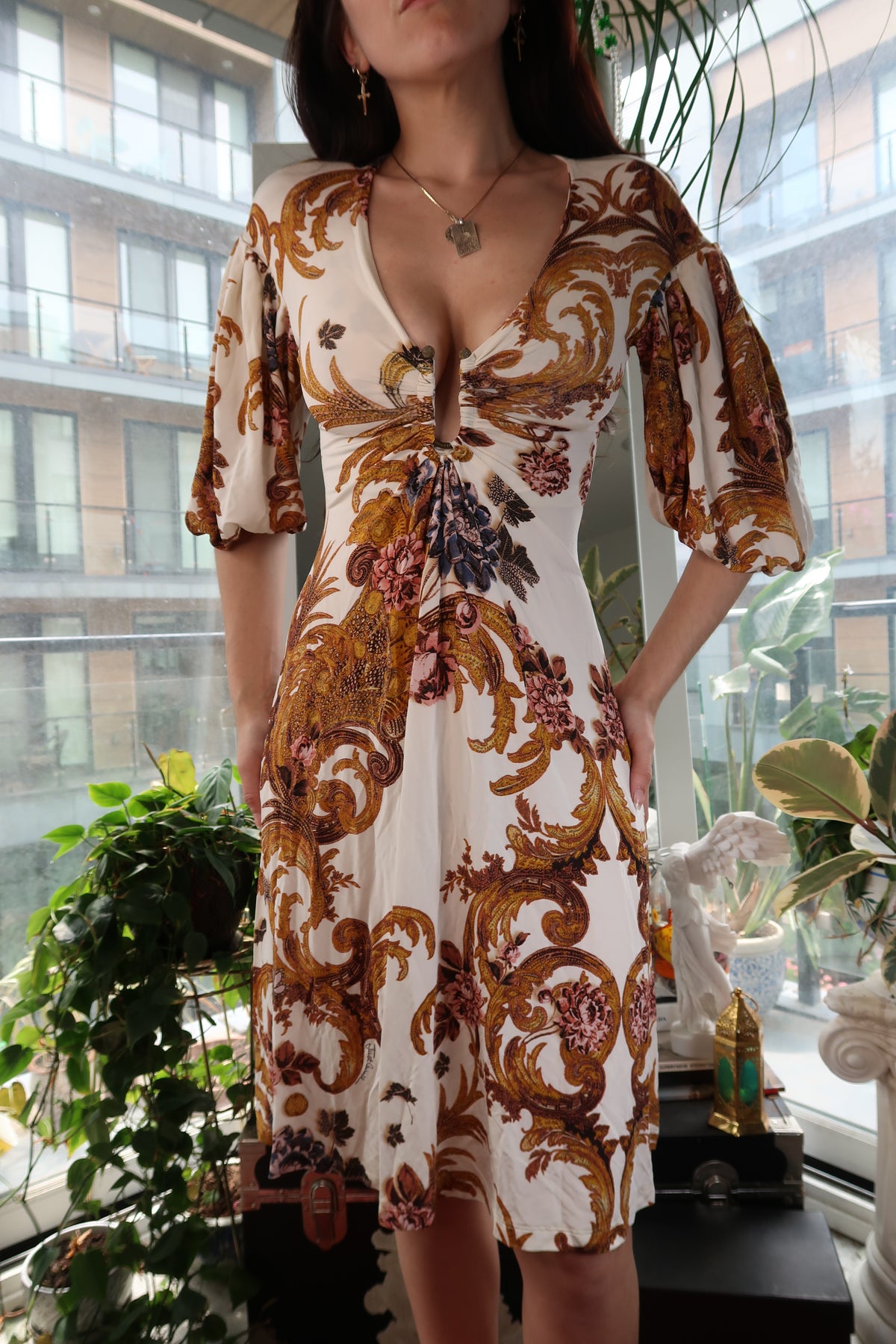Elektra Vintage vintage Just Cavalli baroque print dress with deep V neckline and puff sleeves, stylish and elegant evening dress.