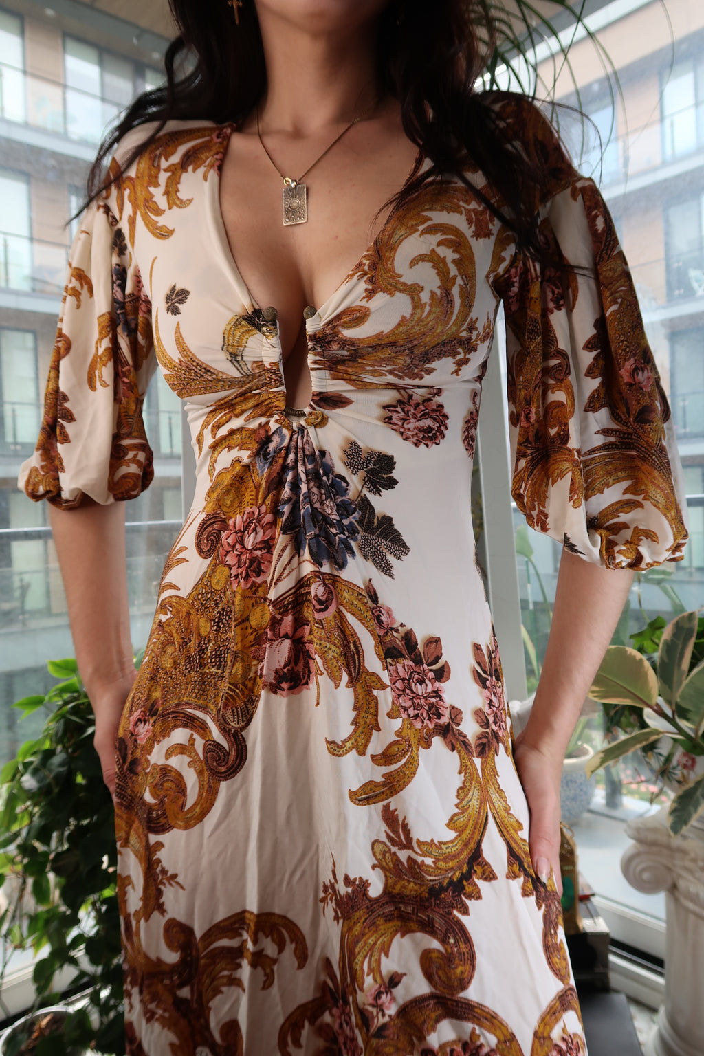 Vintage Just Cavalli baroque print dress with deep V neckline and puff sleeves, showcased by Elektra Vintage.