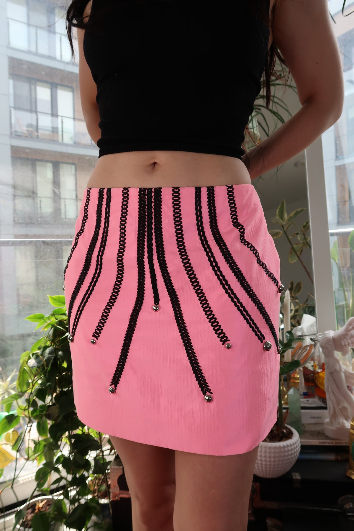 Vintage Versace Pink Mini Skirt – Embellished Black Trim Detail
