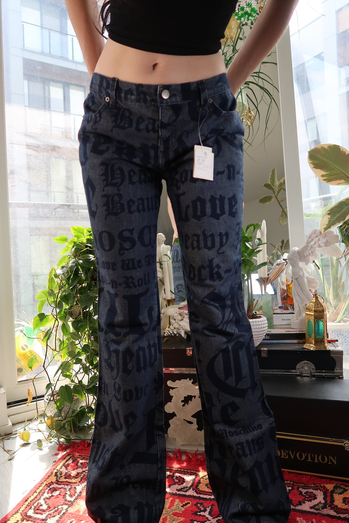 NWT Vintage Moschino Jeans – Allover Rock n Roll Print Denim Pants