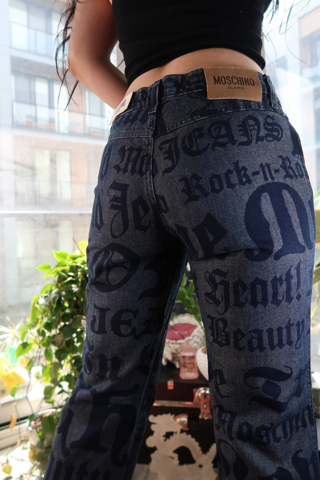 NWT Vintage Moschino Jeans – Allover Rock n Roll Print Denim Pants
