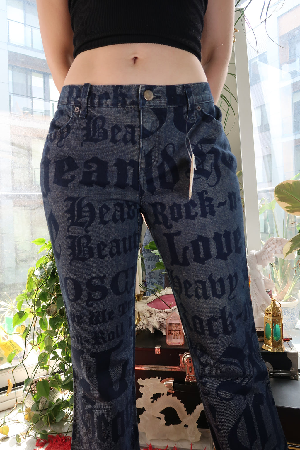 NWT Vintage Moschino Jeans – Allover Rock n Roll Print Denim Pants