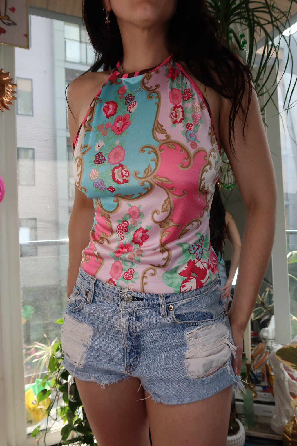 Vintage Blumarine Floral Halter Top – Baroque Floral Print Y2K Designer Top - Elektra Vintage