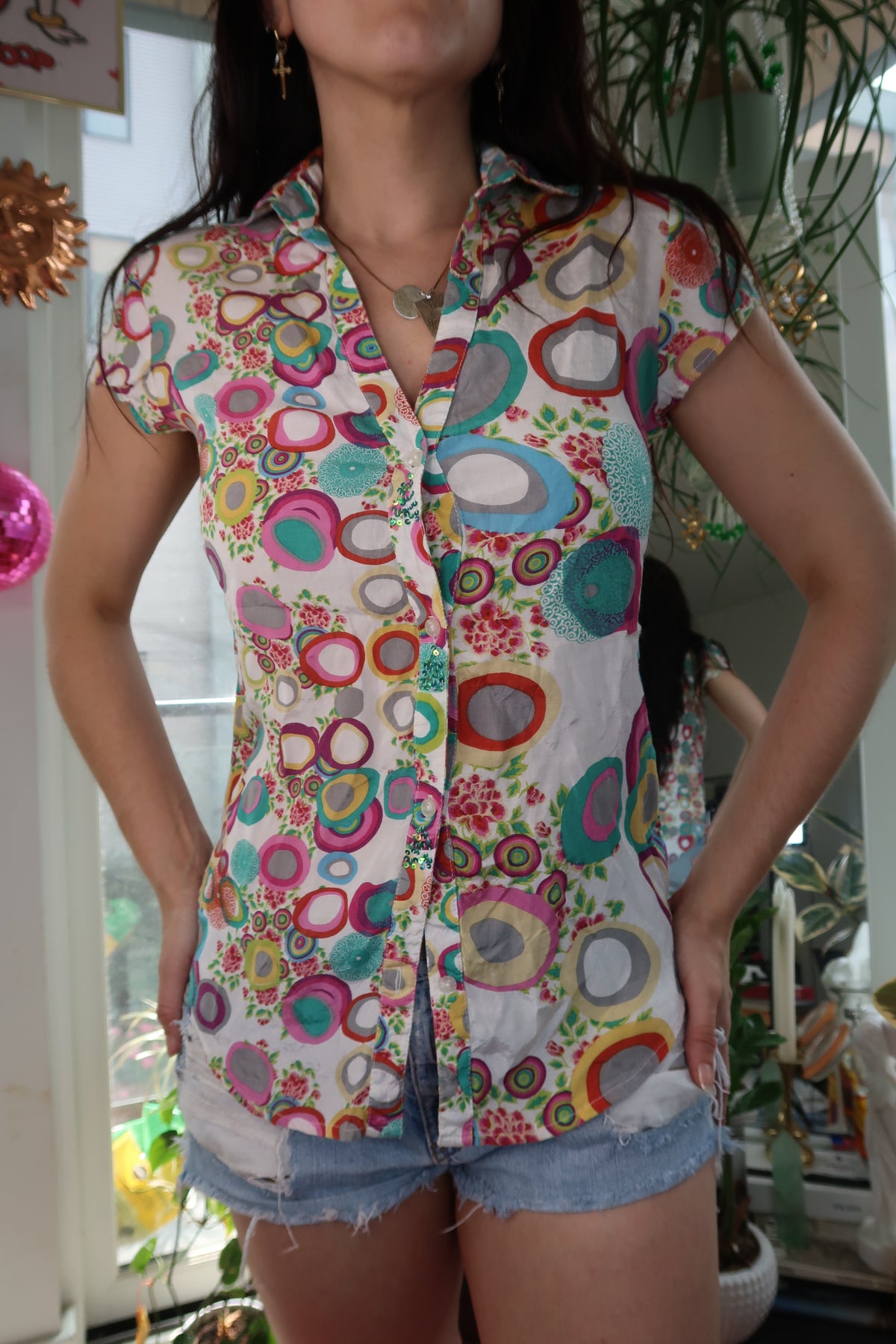 Vintage Desigual Multicolor Print Button-Up Blouse – Boho Circle Pattern