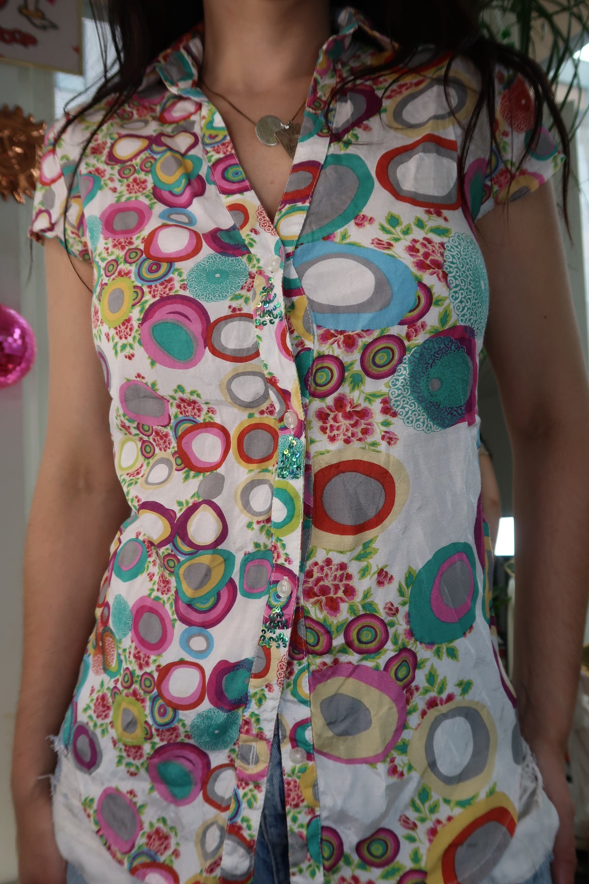 Vintage Desigual Multicolor Print Button-Up Blouse – Boho Circle Pattern