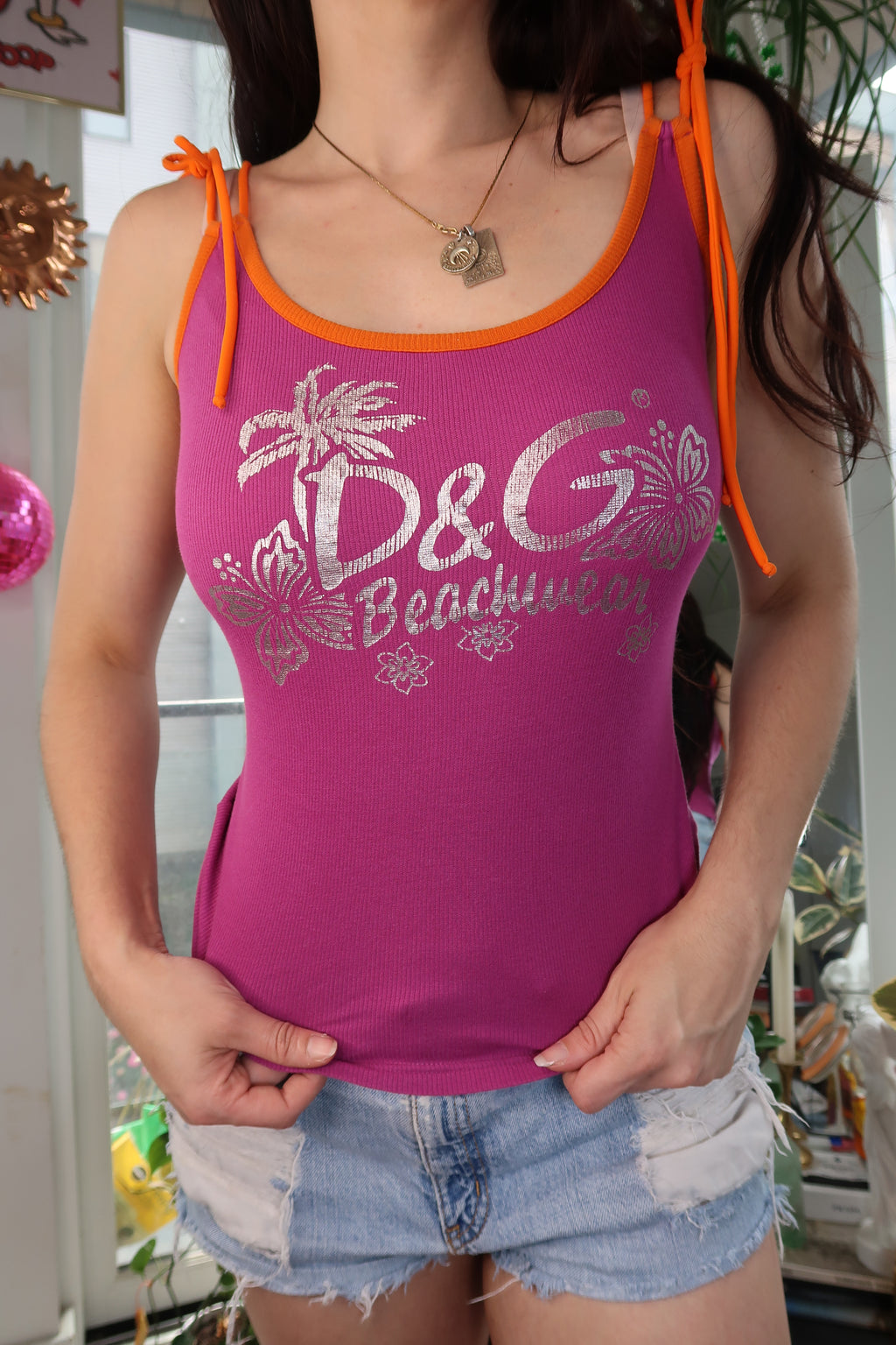 Vintage Dolce & Gabbana purple ribbed metallic logo cami beachwear tank top for women, featuring a Y2K style.