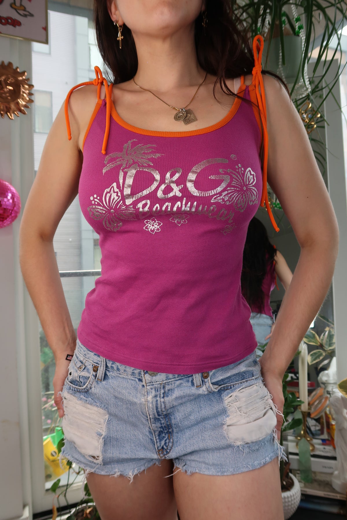 Vintage Dolce & Gabbana women's purple ribbed metallic logo tank top, featuring a stylish Y2K beachwear design.