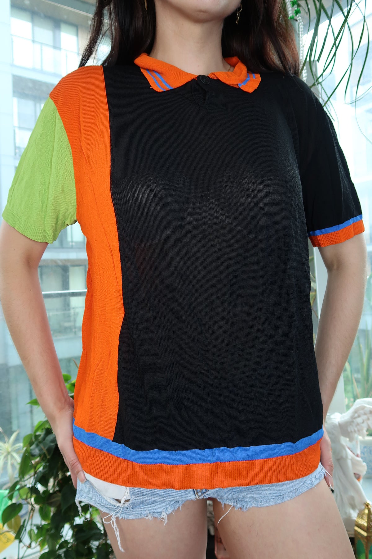 Vintage 90s Gianni Versace Colorblock Sheer Knit Polo Top – Rare Archive Piece - Elektra Vintage