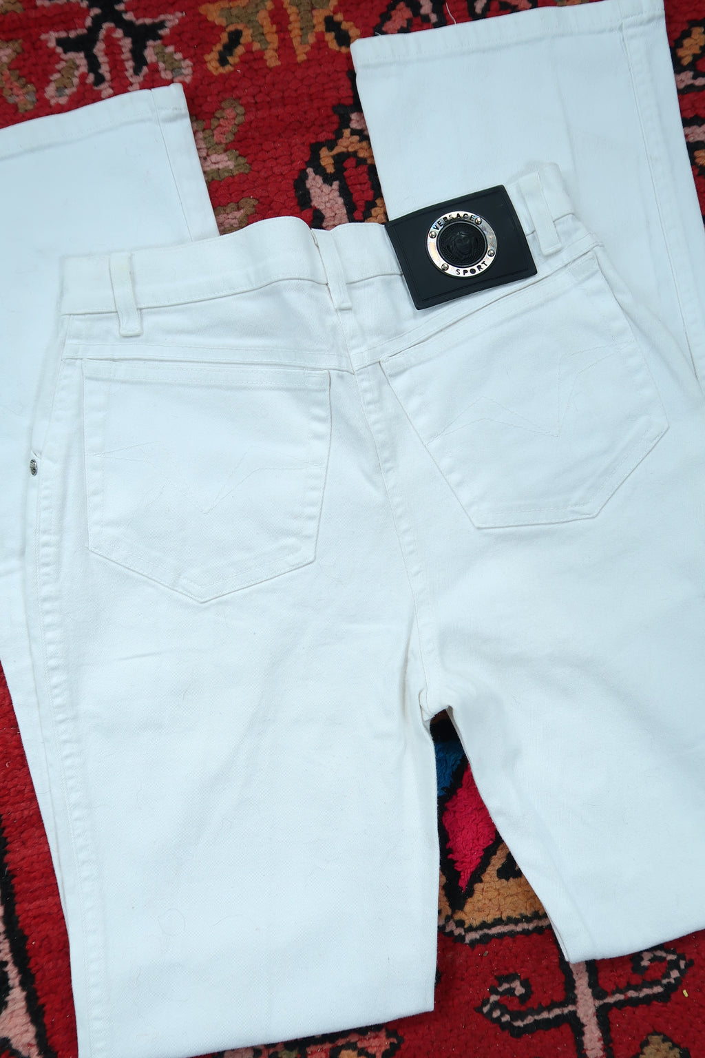 Elektra Vintage white slim bootcut jeans for women, made in Italy, featuring classic vintage Versace-inspired design