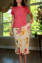 Load image into Gallery viewer, Elektra Vintage 100% silk two-piece dress set with cowl neck top and floral bias cut midi skirt, elegant and luxurious fabric.
