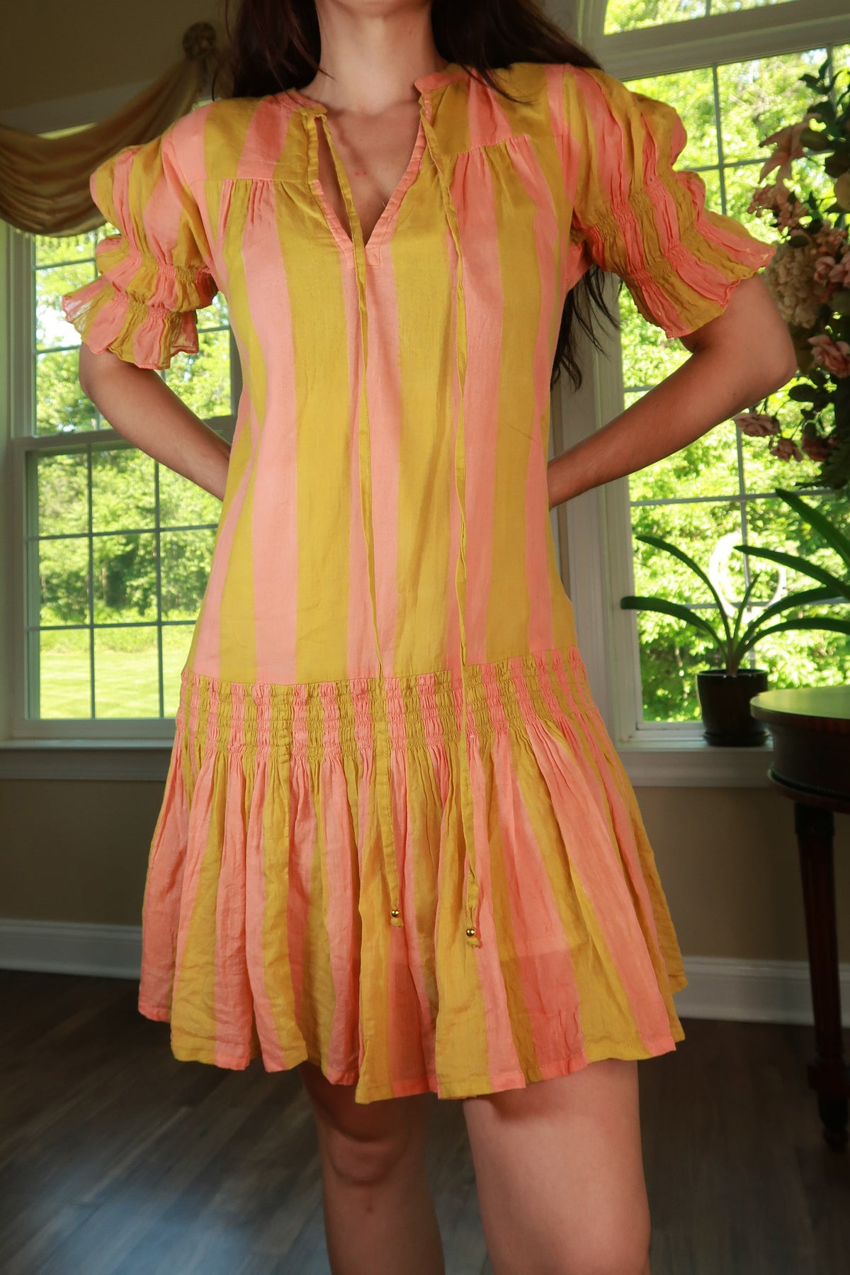 Pink & Yellow Stripe Drop Waist Mini Dress