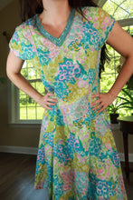Load image into Gallery viewer, Elektra Vintage floral patchwork cotton midi dress with vintage-inspired design and colorful floral patterns on a light fabric.
