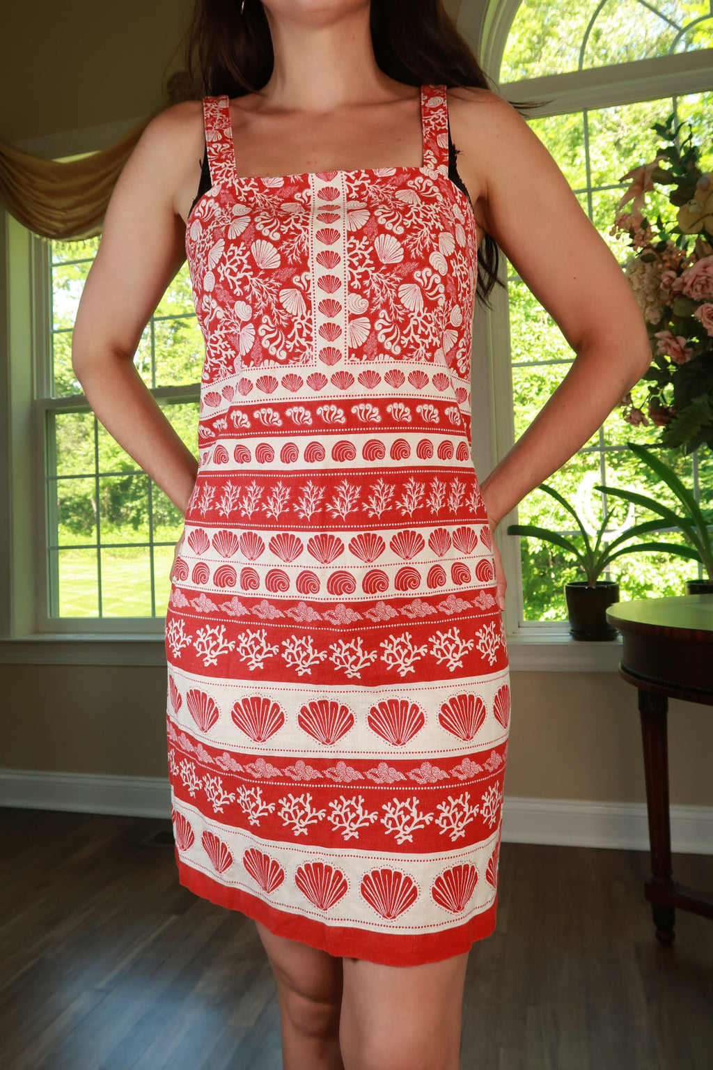 Elektra Vintage coastal seashell print sundress in red and white with a breezy, vintage-inspired design, perfect for summer wear.