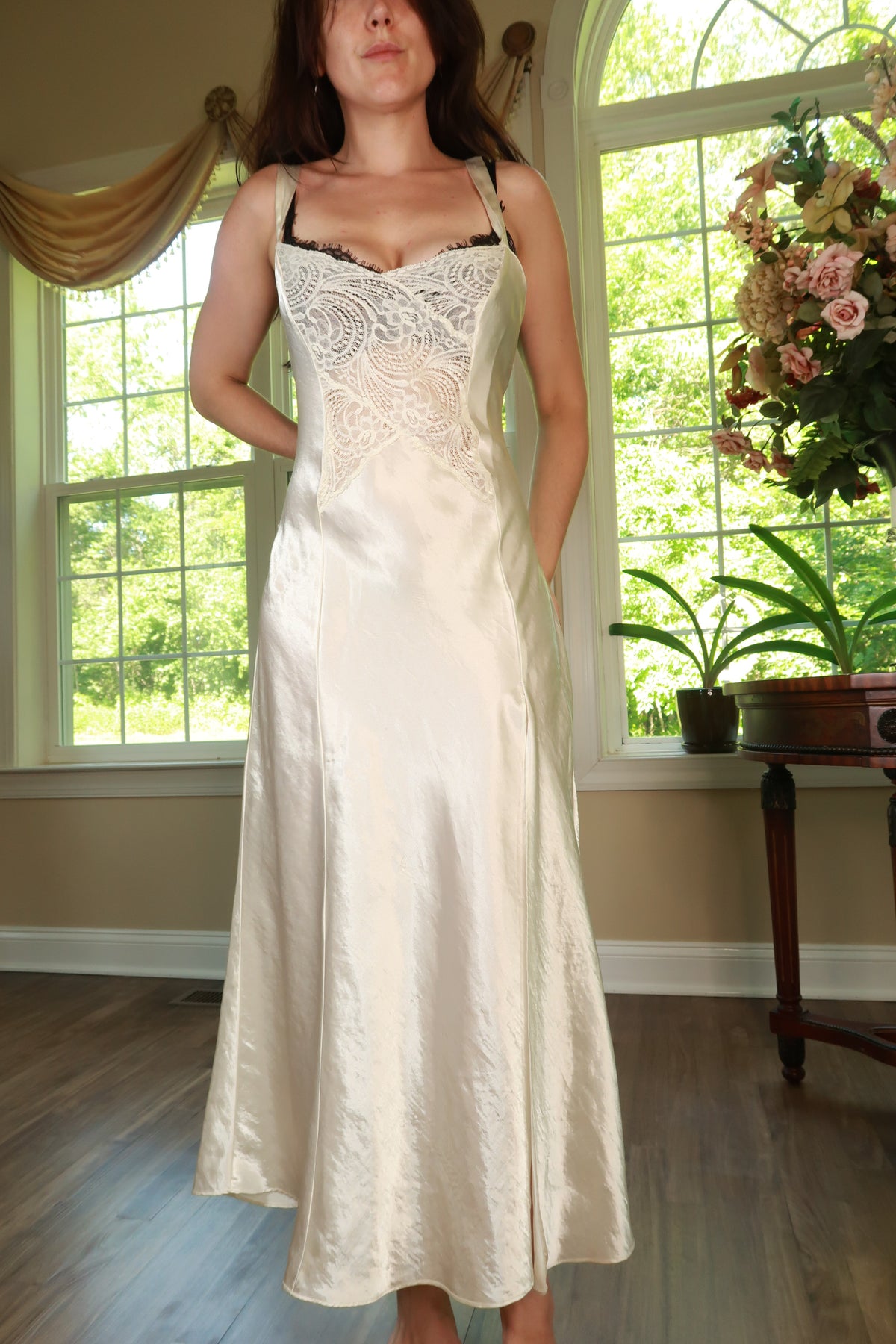 Vintage Gold Label Victoria's Secret ivory satin lace slip dress by Elektra Vintage, featuring delicate lace and smooth satin fabric.