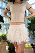 Vintage Bebe Ivory Silk & Real Feather Mini Skirt