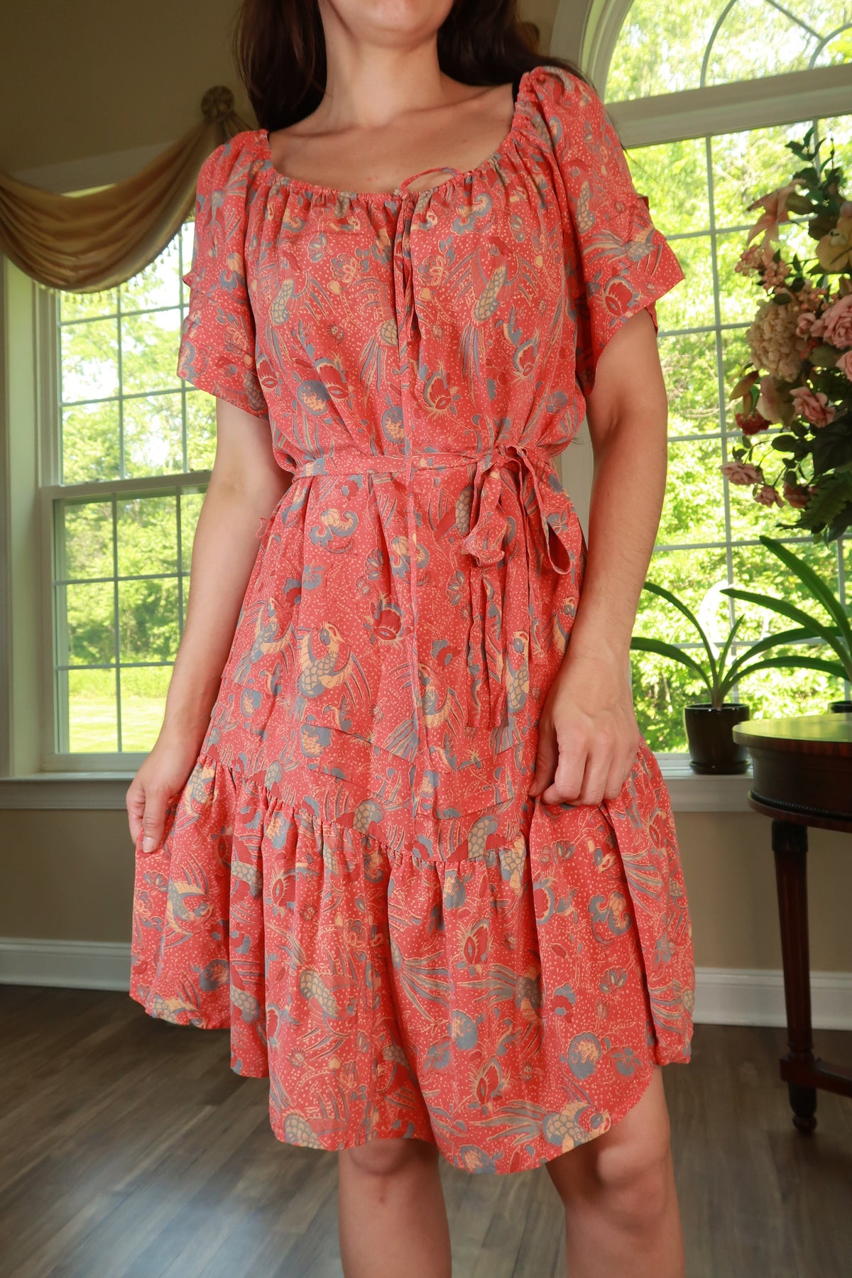 Vintage 2000s coral red silk paisley peasant tiered mini dress by Elektra Vintage, featuring flowy fabric and bohemian style.
