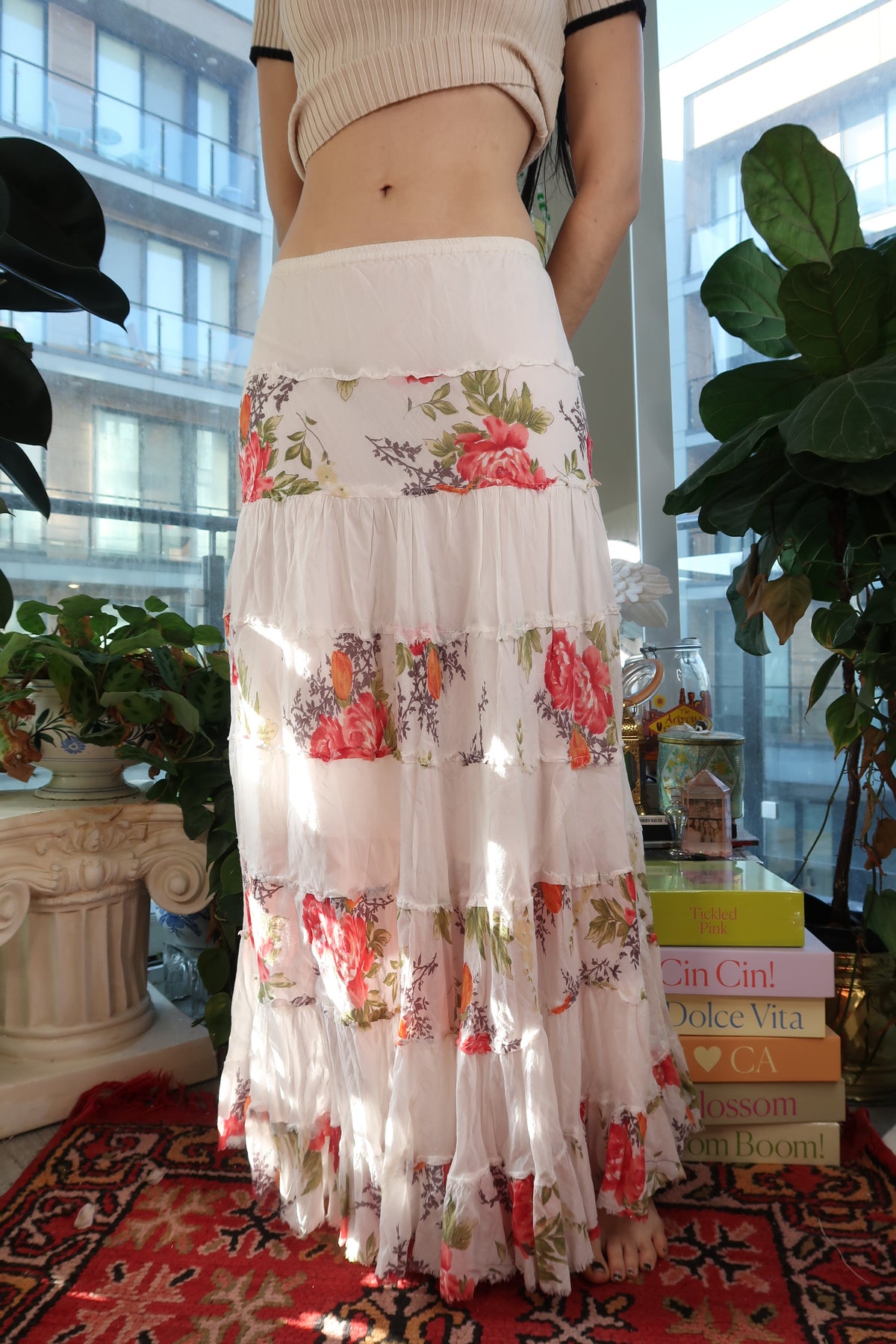 Vintage 2000s White Floral Tiered Boho Maxi Skirt