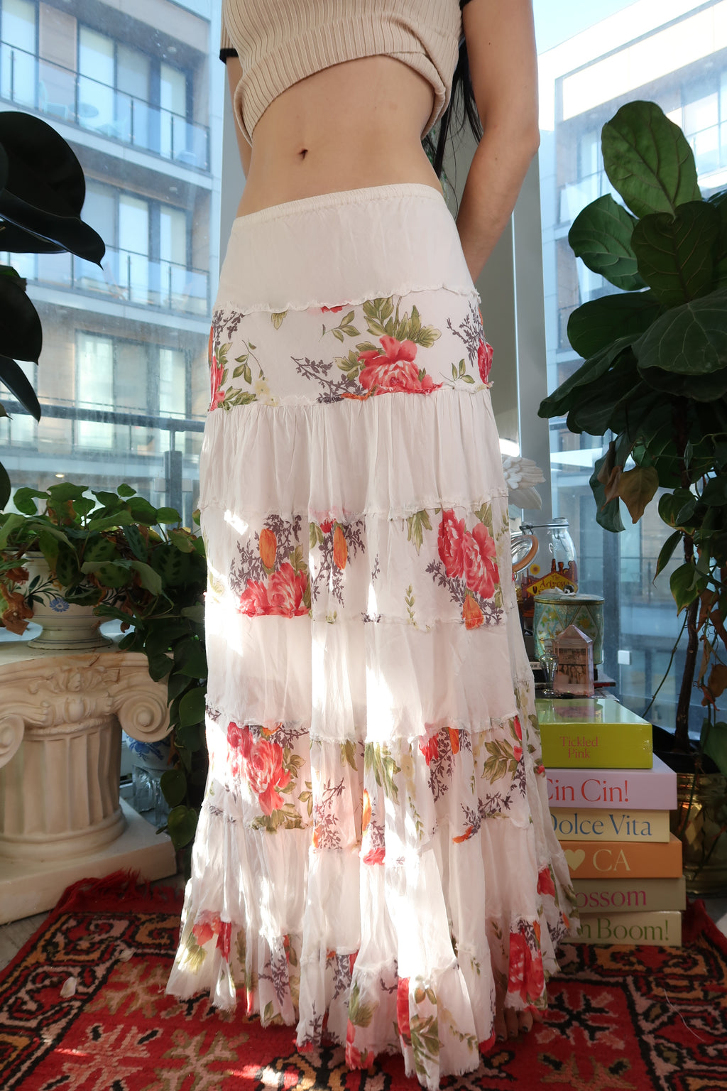 Vintage 2000s White Floral Tiered Boho Maxi Skirt