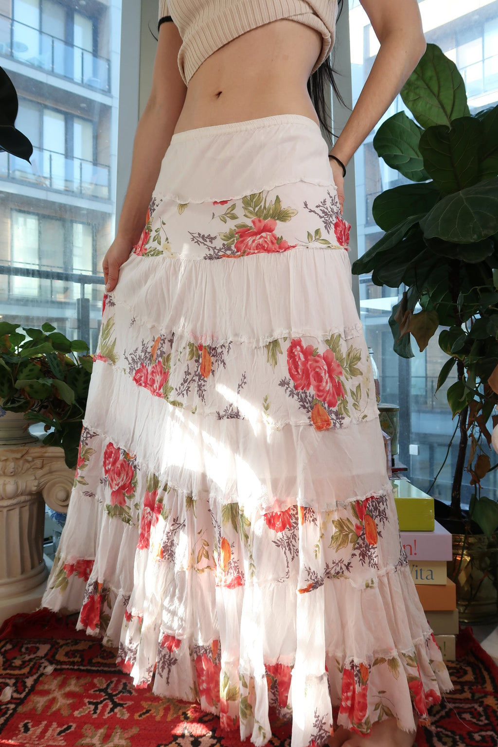 Vintage 2000s White Floral Tiered Boho Maxi Skirt
