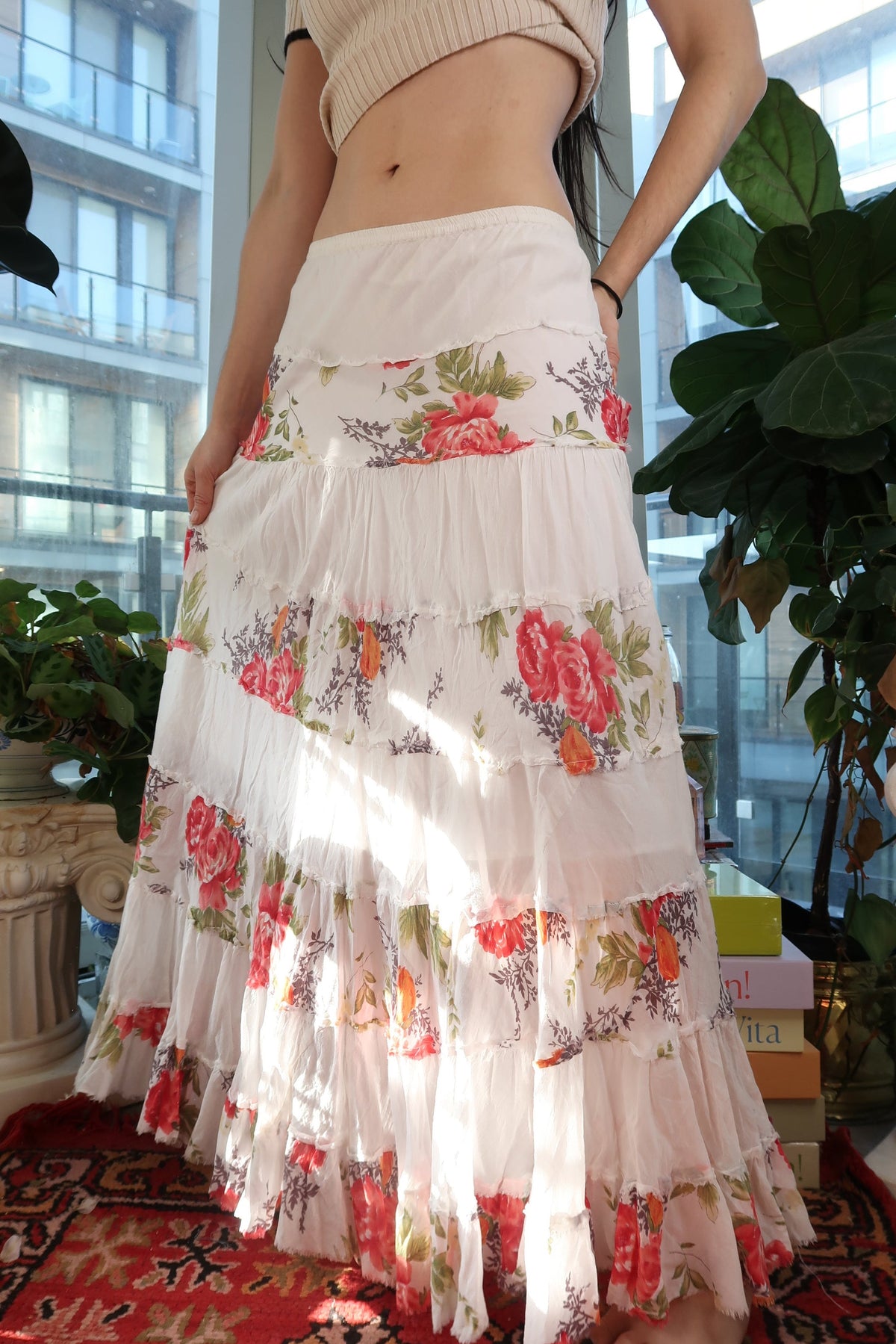 Vintage 2000s White Floral Tiered Boho Maxi Skirt