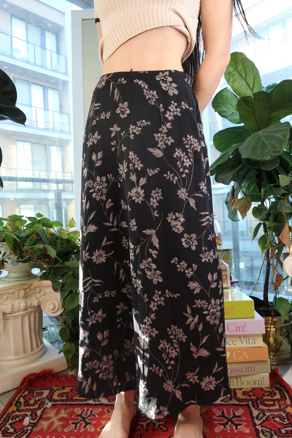 Vintage 90s Black Floral Silk Maxi Skirt