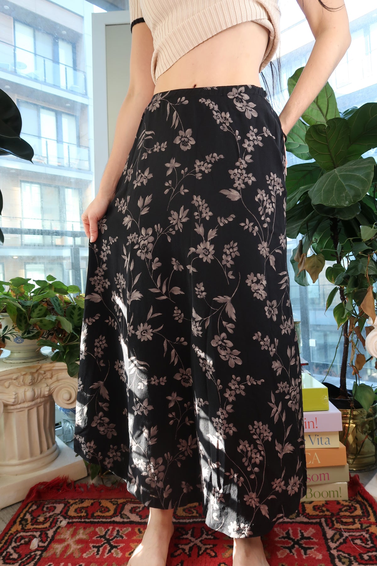 Vintage 90s Black Floral Silk Maxi Skirt