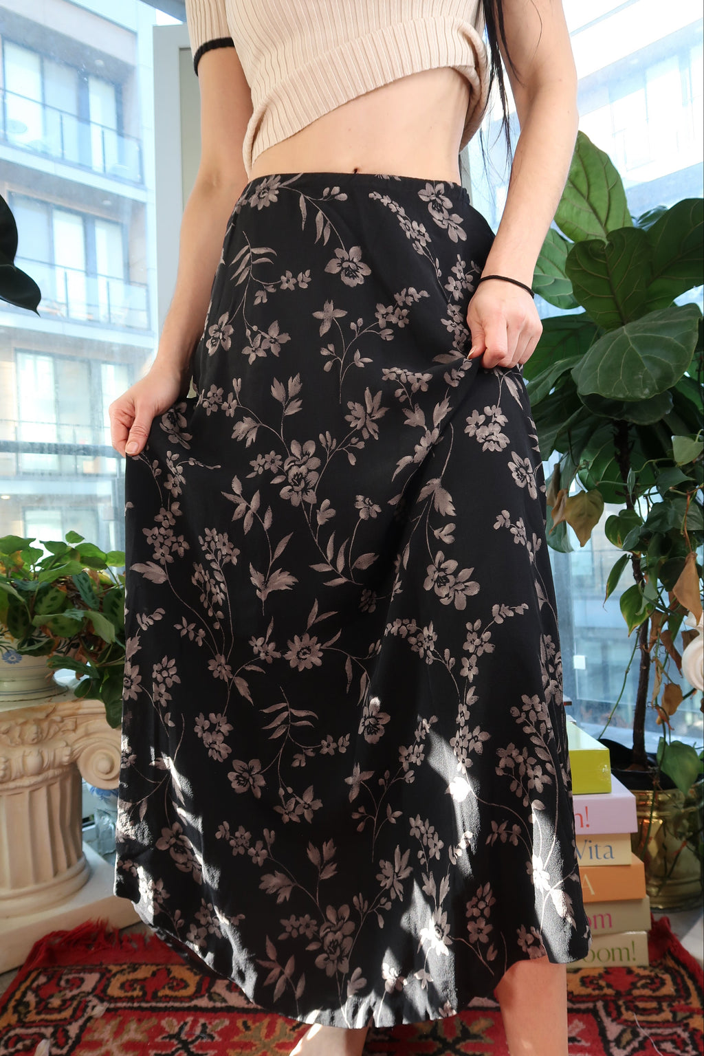 Vintage 90s Black Floral Silk Maxi Skirt
