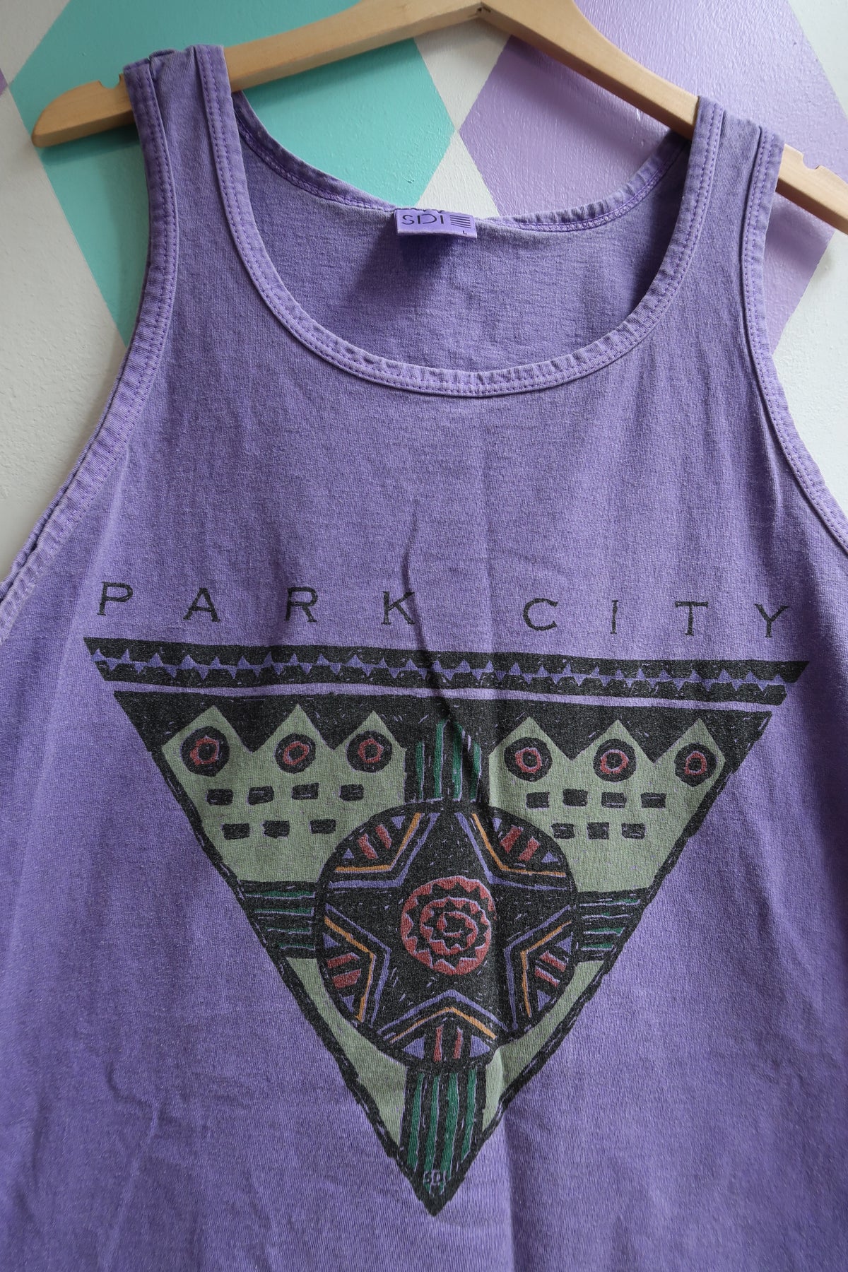 Elektra Vintage Park City tank top in soft fabric, featuring a relaxed fit and stylish design, displayed on a hanger.