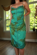 Load image into Gallery viewer, Vintage Nicole Miller Turquoise Silk Tropical Print Midi Slip Dress
