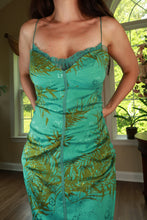 Load image into Gallery viewer, Vintage Nicole Miller Turquoise Silk Tropical Print Midi Slip Dress
